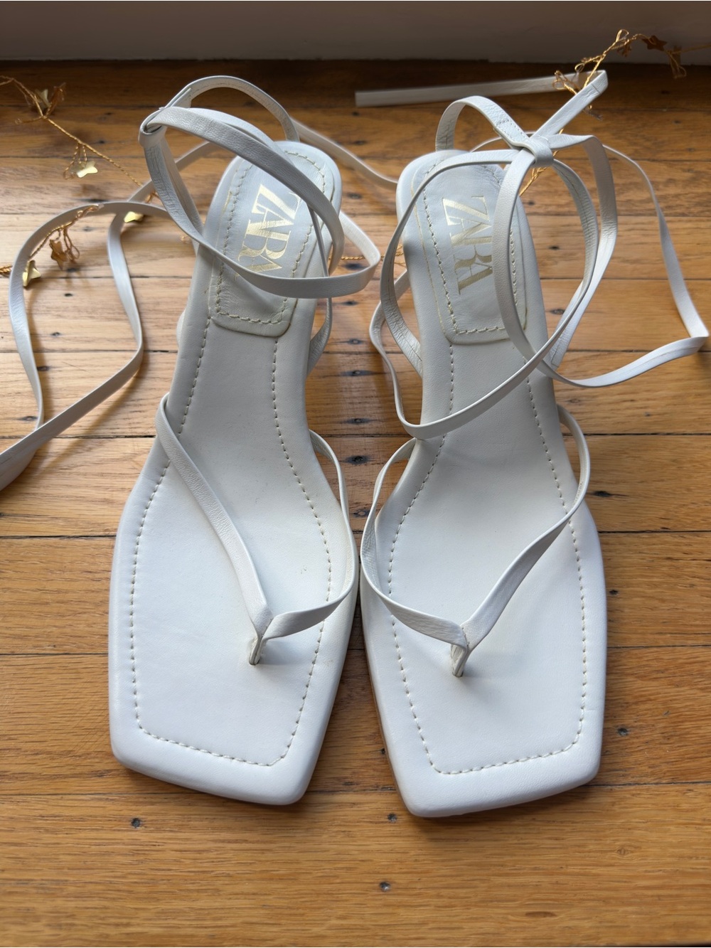 ZARA - White Square-Toe Strappy Tie/Lace-Up Heeled Sandals - 41